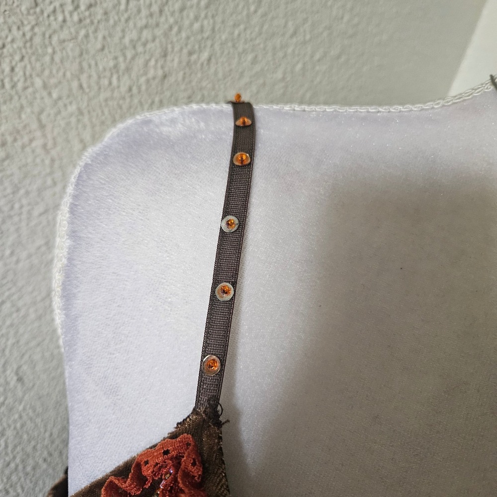 Caramel Fashion Brown Velvet Beaded Coin Babydoll Camisole Top Y2K Boho - Picture 5 of 6